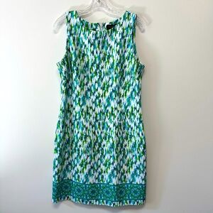 Perceptions New York Sleeveless Sheath Dress White Blue Green‎ Medallion Hem 12